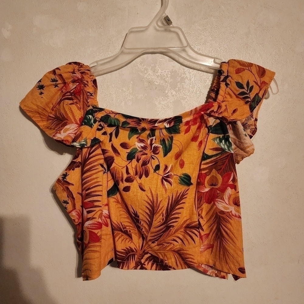 Rachel Roy Tropical Floral Crop Top Linen Rayon Size L NWOT